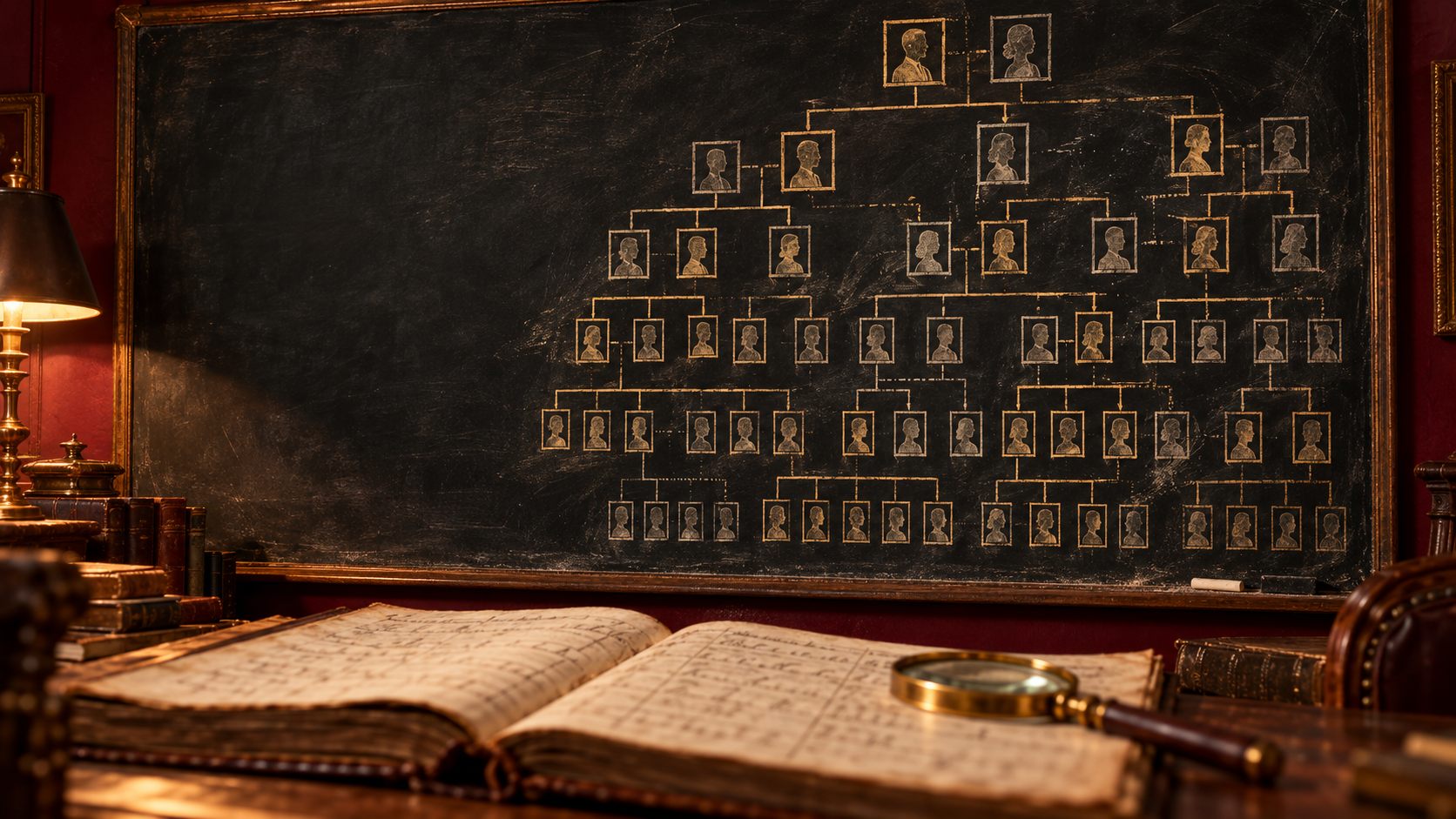 A blackboard carrying a gold pedigree chart, above a desk with an open parish register